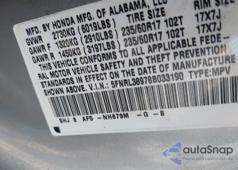 2008 Honda Odyssey Touring from USA, damaged, VIN 5FNRL38978B033190